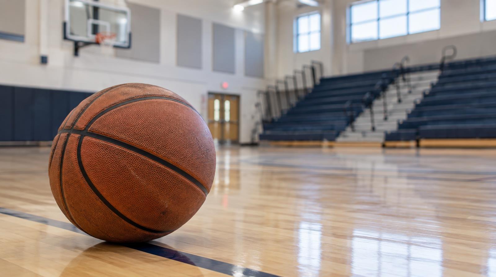 Empty school gymnasium with hardwood basketball court and bleachers.