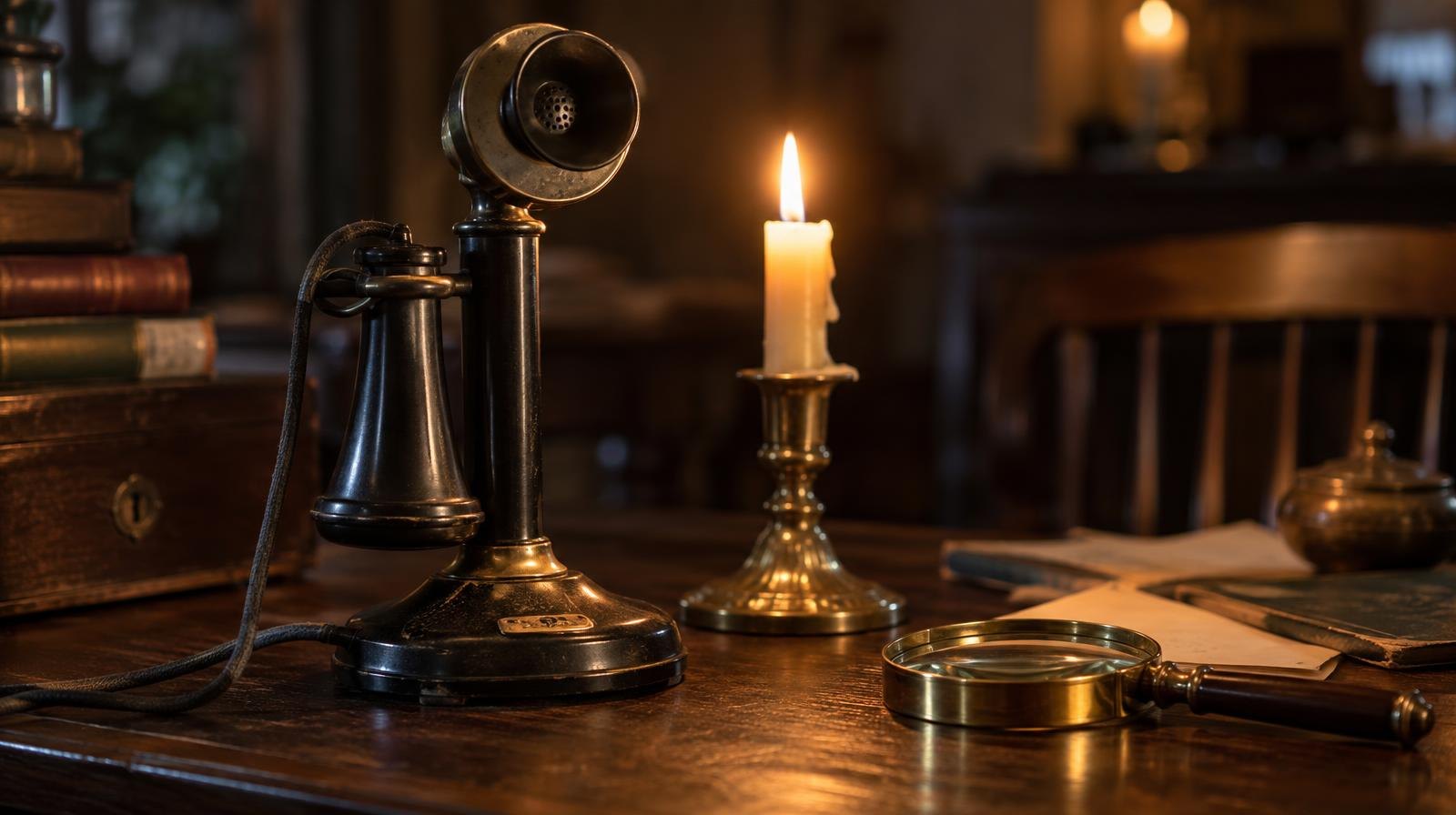 Vintage candlestick telephone, lit candle, and magnifying glass on a dark wooden table.