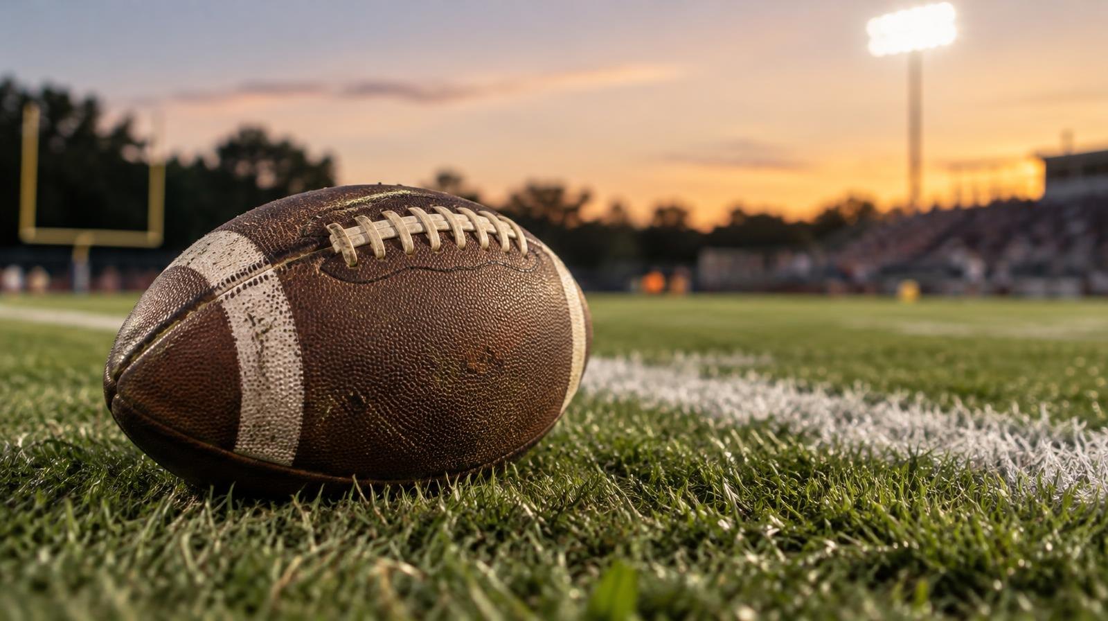 A worn football lying on a grass field beside a white yard line under evening lights.