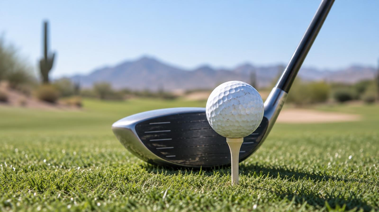 A golf ball on a tee with a club head positioned behind it on a fairway.