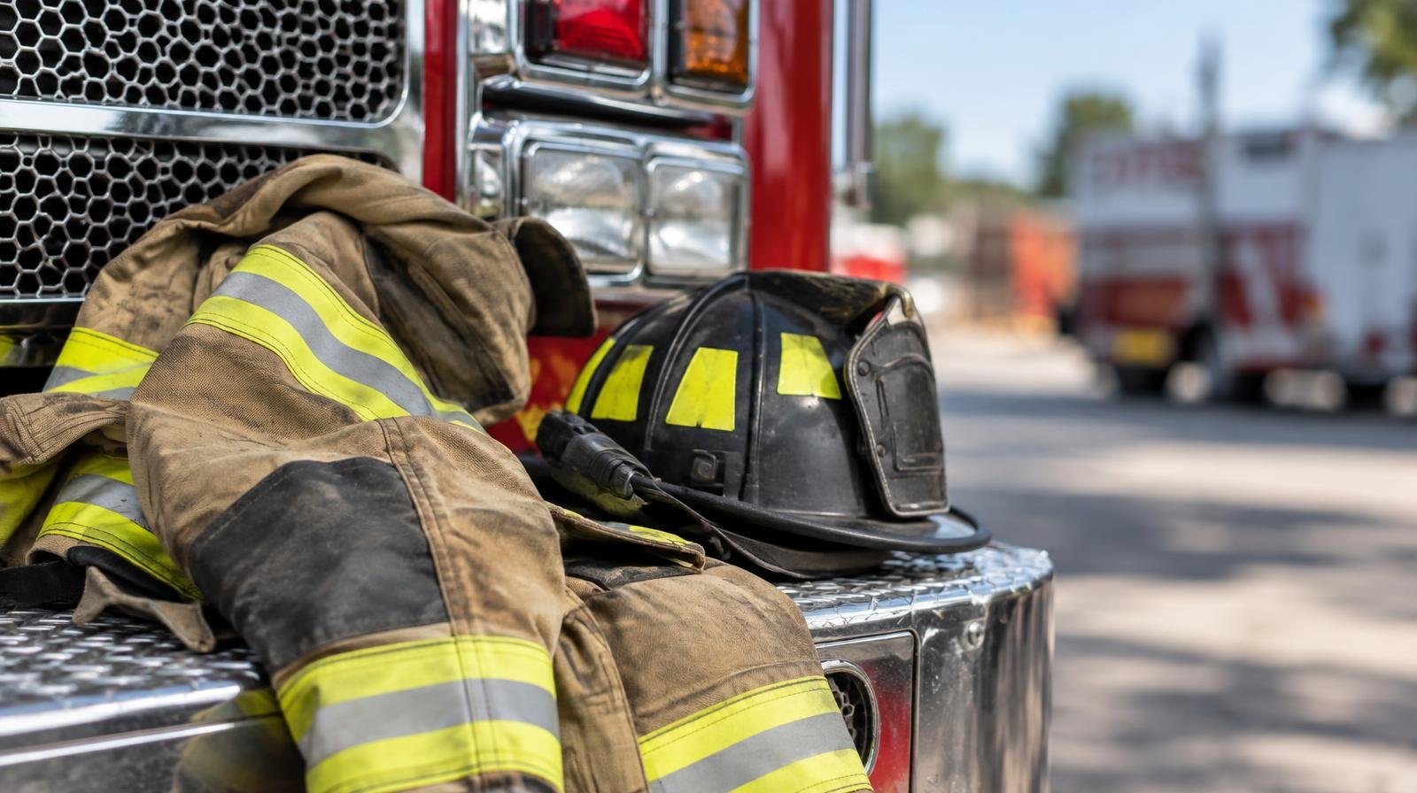 A firefighter's yellow turnout coat and helmet resting on a red fire engine bumper.