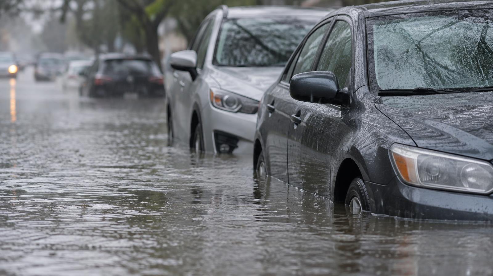 Standing water covers a residential street, reaching the lower doors of parked cars along the curb.