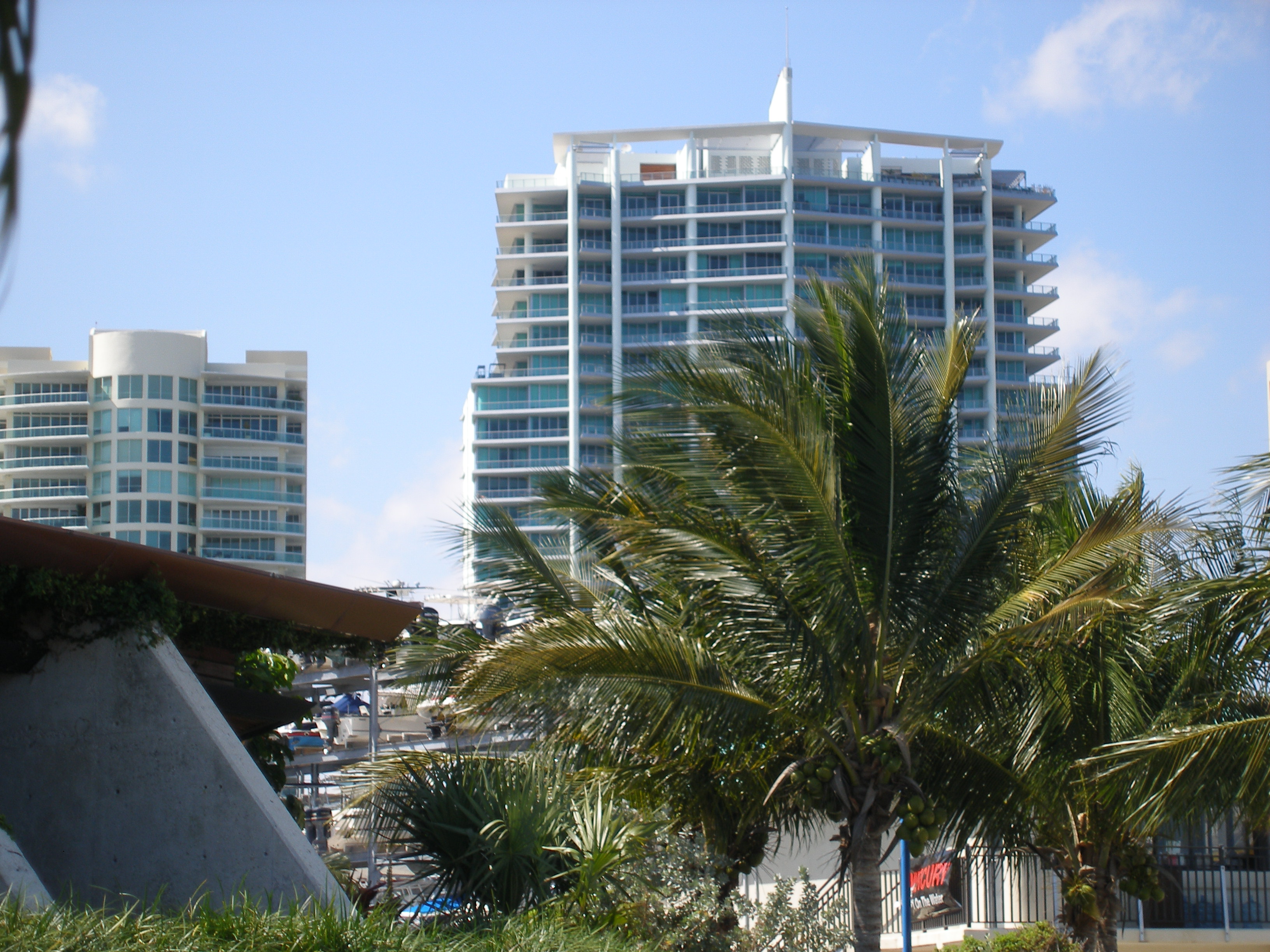 Palm trees and tropical vegetation surround two modern high-rise towers under a blue sky.