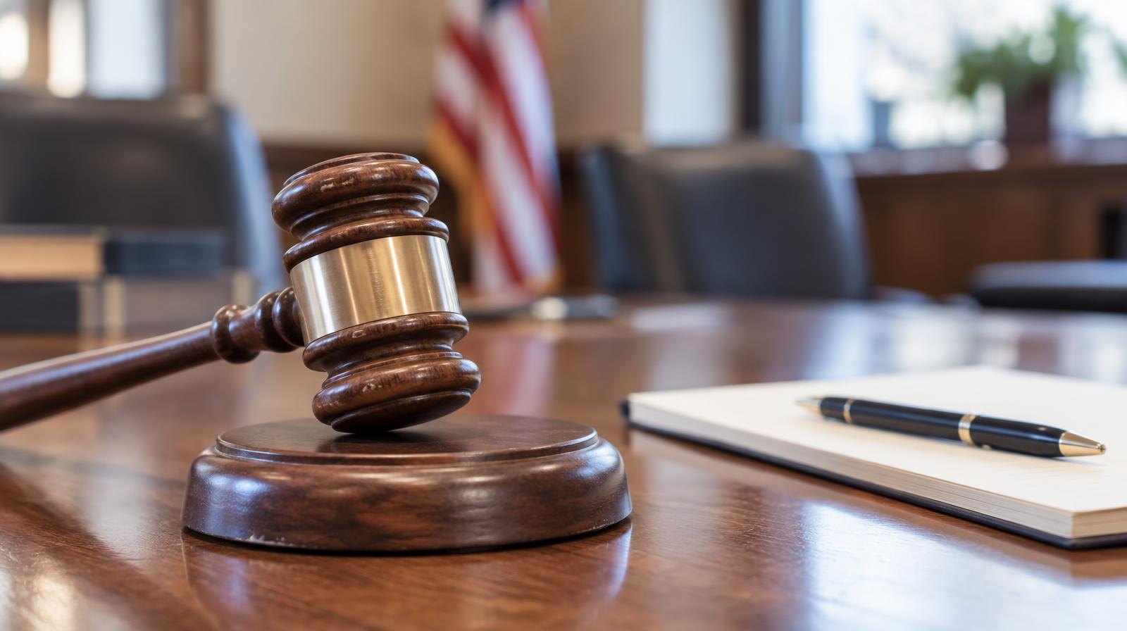 Wooden gavel resting on its sound block beside a notepad and pen.