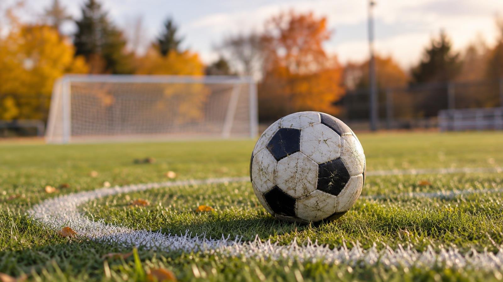 A soccer ball on a green grass field with a goal net in the background.