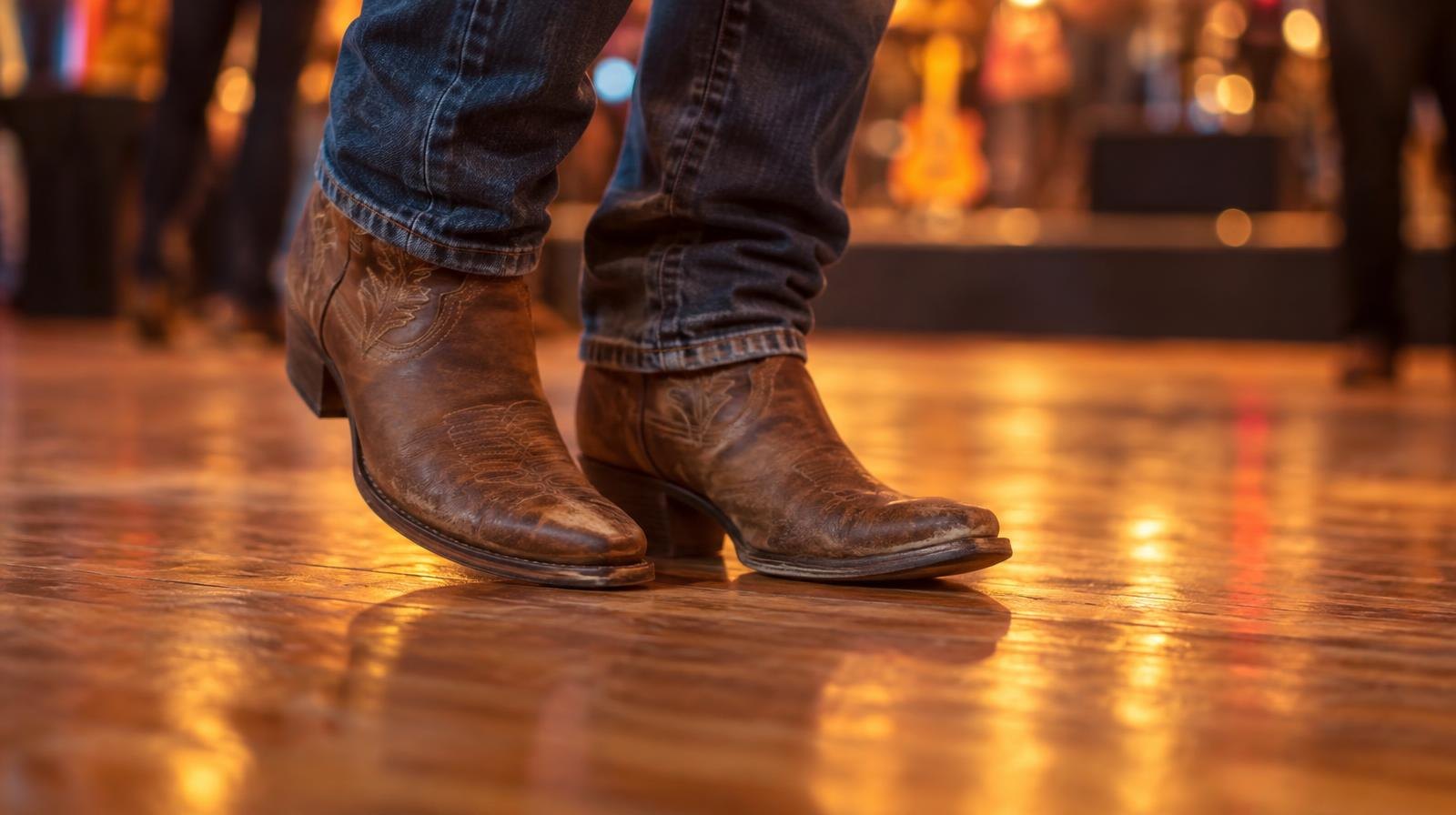 A pair of cowboy boots on a shiny hardwood dance floor.