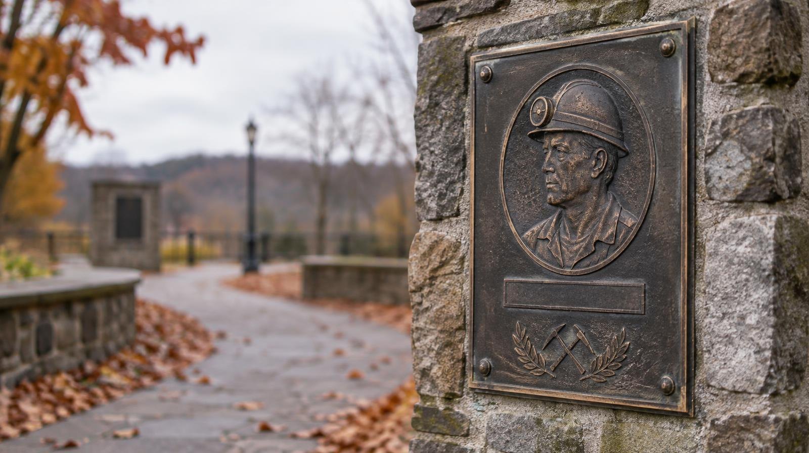 Bronze memorial plaque on a stone pillar along an outdoor walkway in autumn.