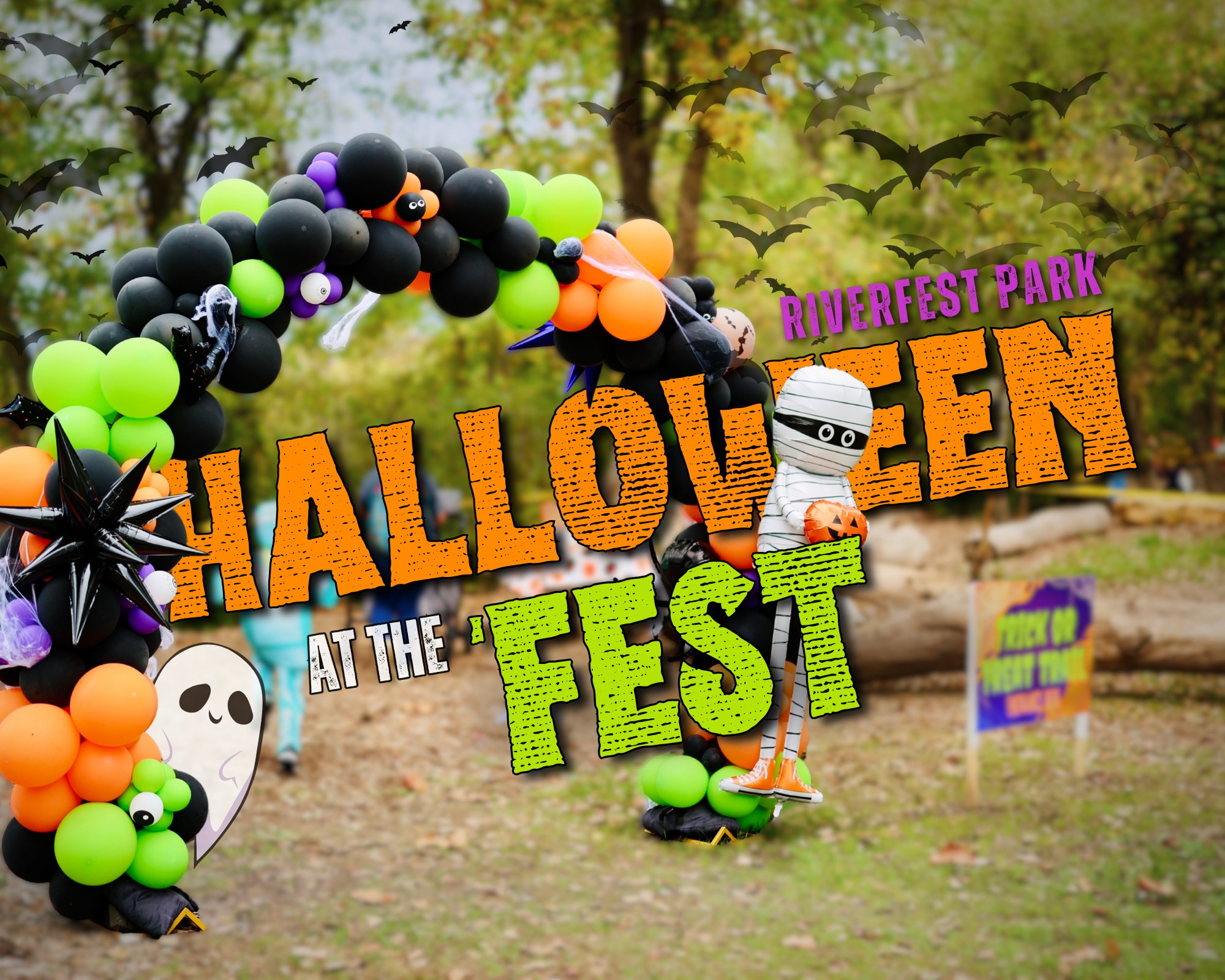 Halloween event flyer with balloon arch and child in mummy costume.
