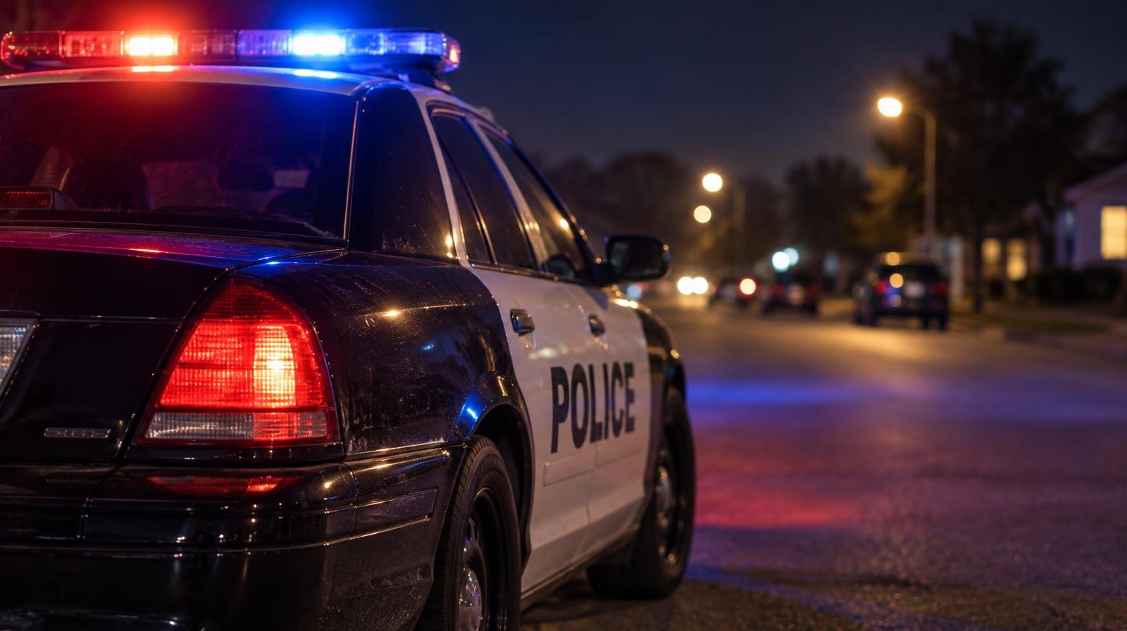 Police cruiser parked at night with red and blue lights reflecting on pavement.