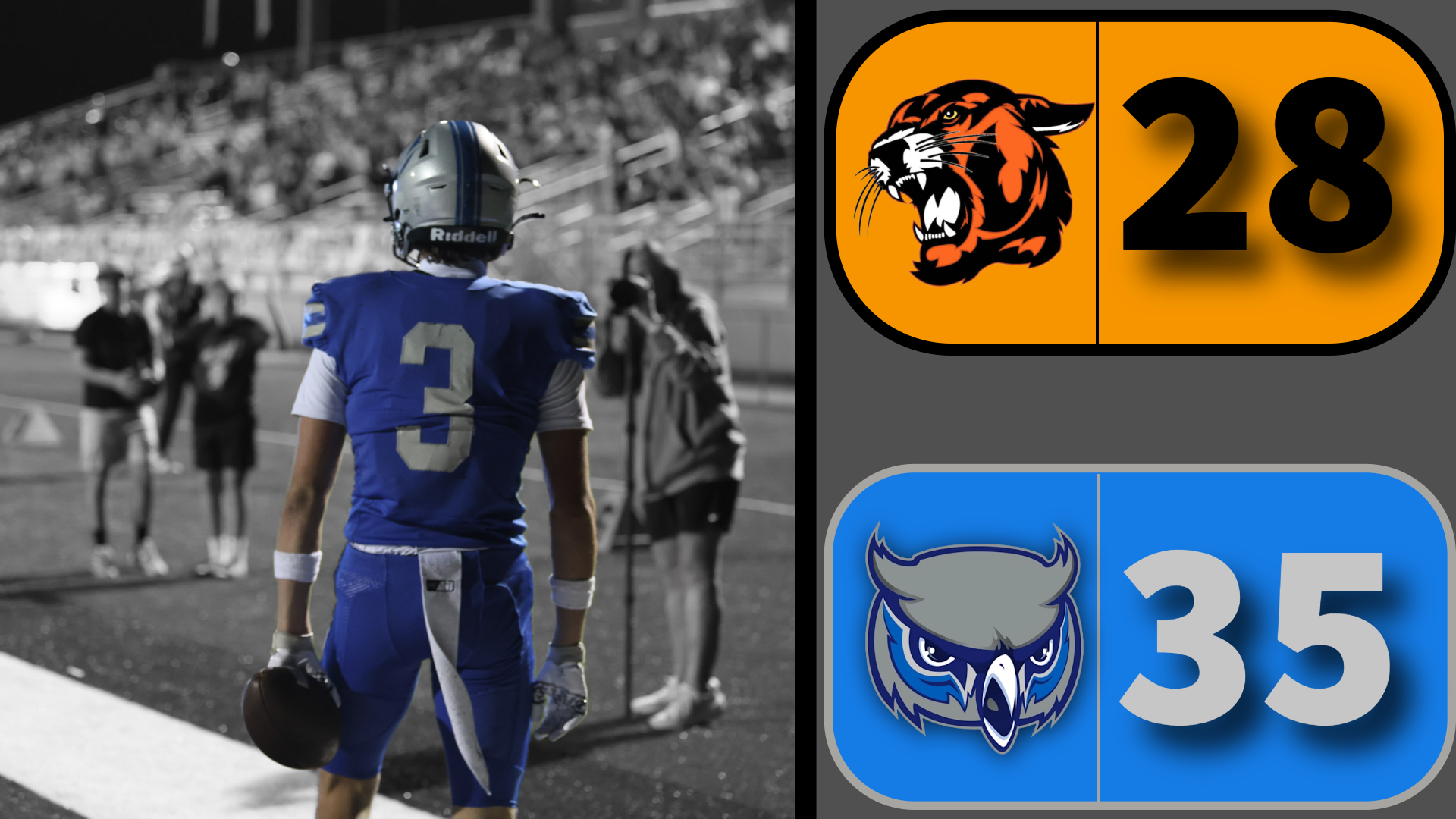 Score graphic showing 35 for the owl mascot team and 28 for the tiger mascot team, with a football player in a blue jersey.