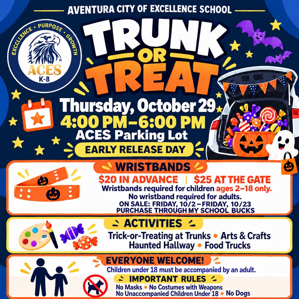 Halloween-themed event flyer with pumpkins, bats, and candy graphics on a blue background.