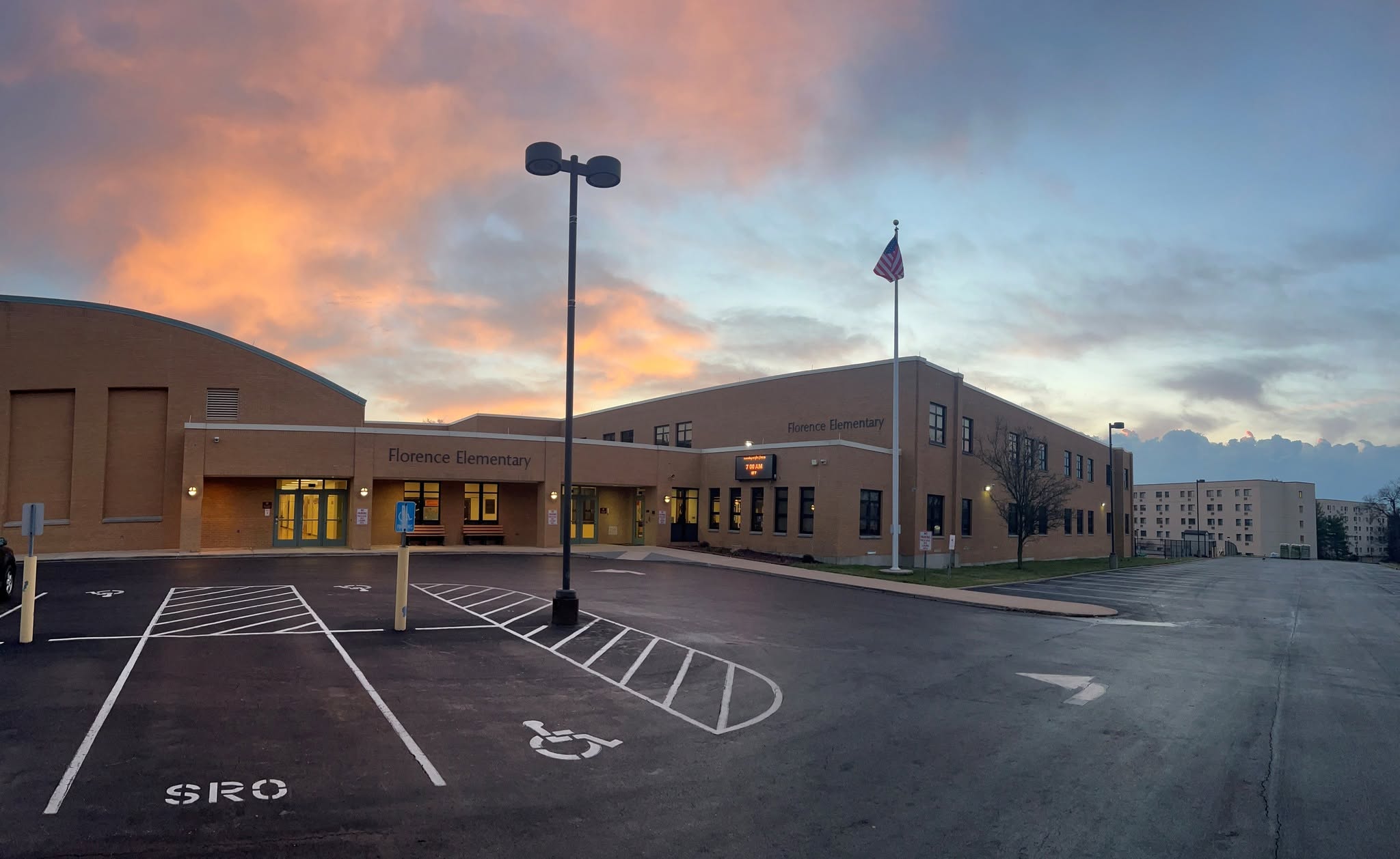 elementary school building at dusk