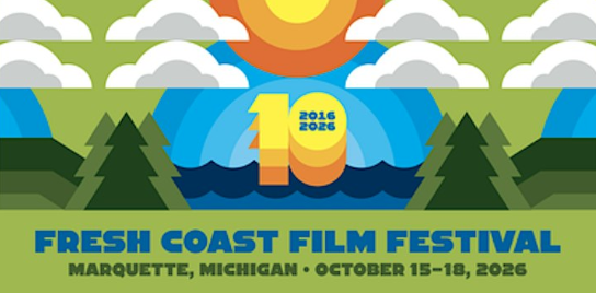 Illustrated sun, clouds, waves and evergreen trees surround a 10th-anniversary emblem for Fresh Coast Film Festival, Oct. 15–18, 2026.