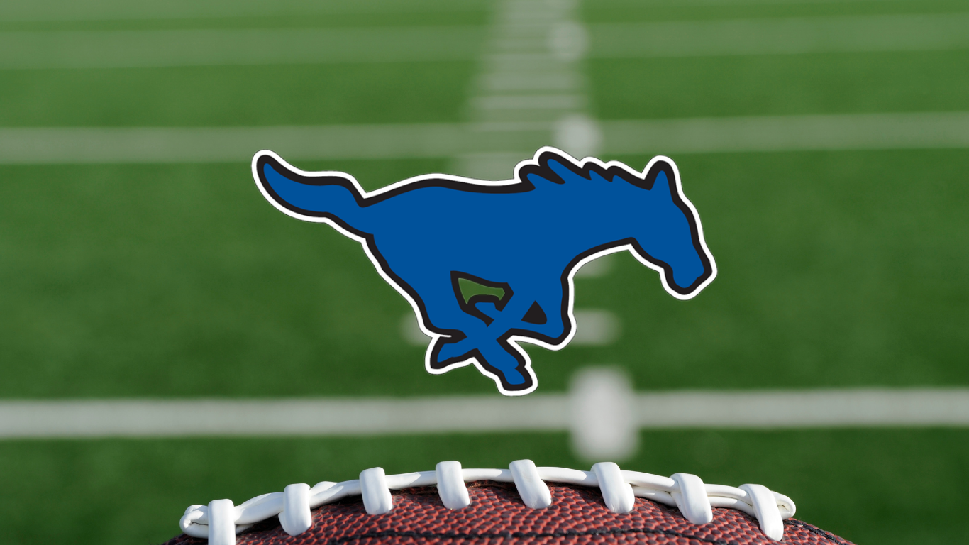 Blue mustangs logo for Friendswood Highschool Football on football lace and field background.