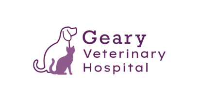 Geary Veterinary Hospital logo, showing a purple illustrated cat and dog beside the practice's name.