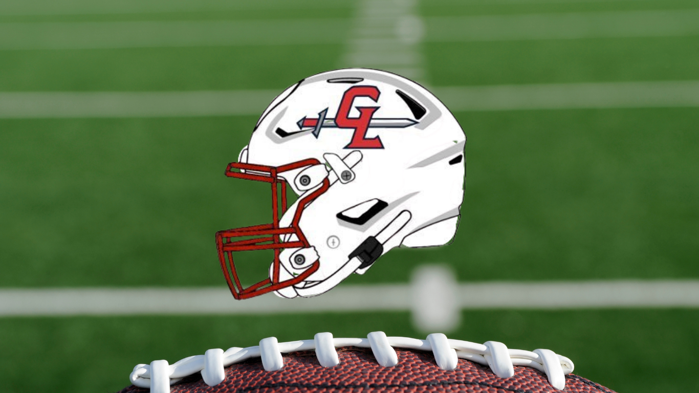 GL logo on white and red football helmet on football background with football laces and ball.