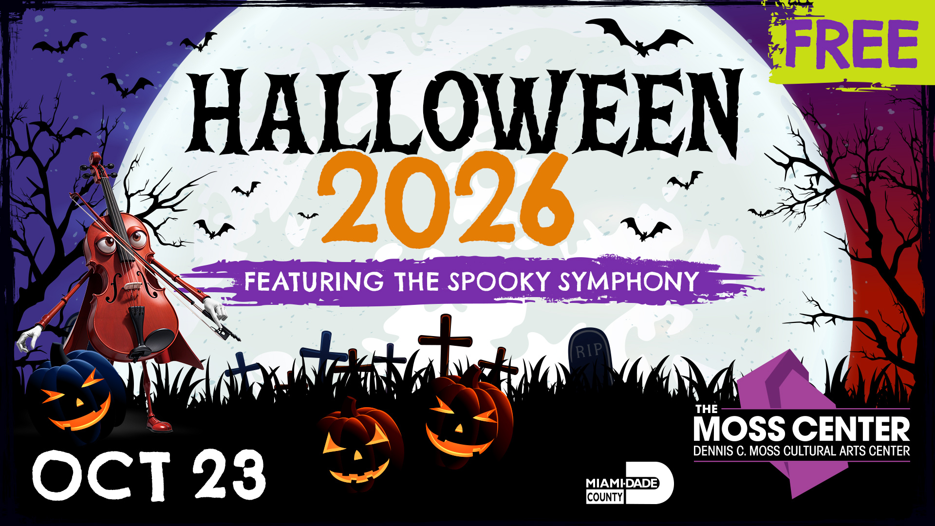 Official Moss Center Halloween 2026 flier advertising the free Spooky Symphony on October 23, with a cartoon violin, pumpkins and bats.