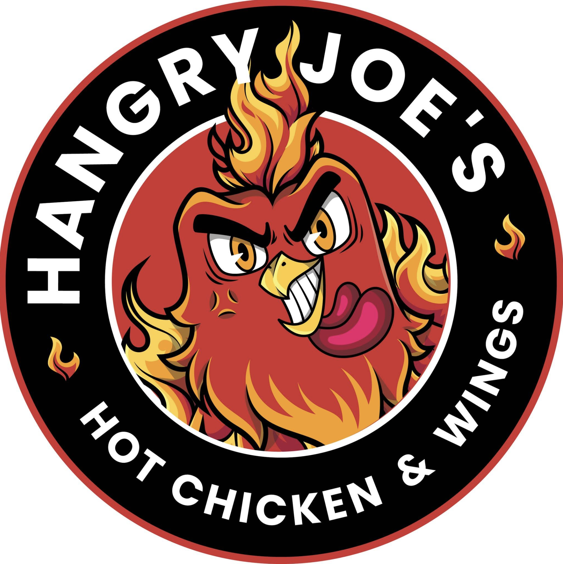 Hangry Joe’s Hot Chicken & Wings logo featuring a red cartoon chicken surrounded by flames.