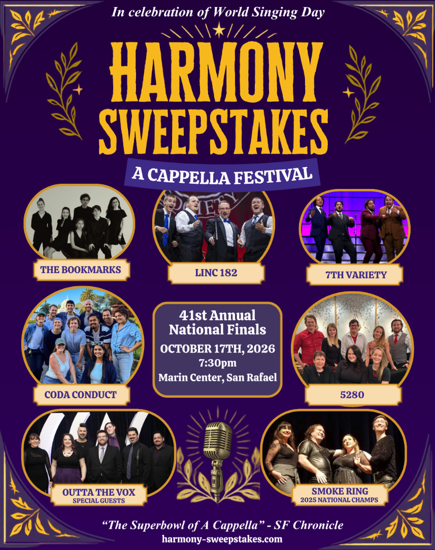 Promotional poster for the 2026 Harmony Sweepstakes A Cappella Festival featuring competing vocal groups and the Oct. 17 Marin Center event information.