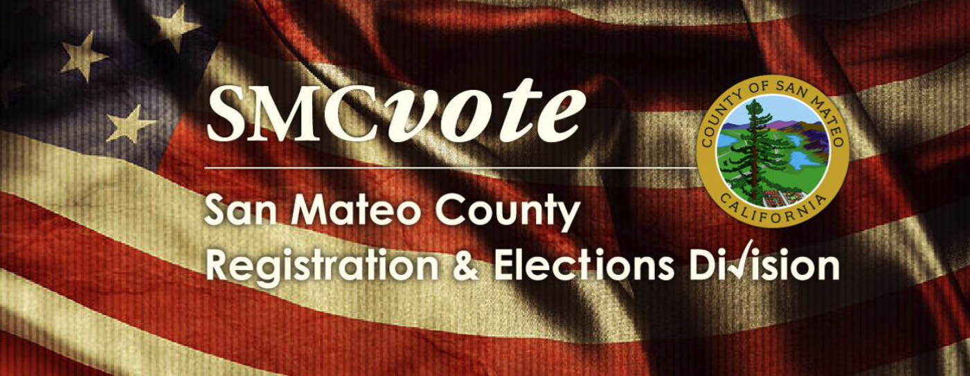 Banner graphic for San Mateo County's Registration & Elections Division (SMCvote), featuring an American flag background and the county seal.