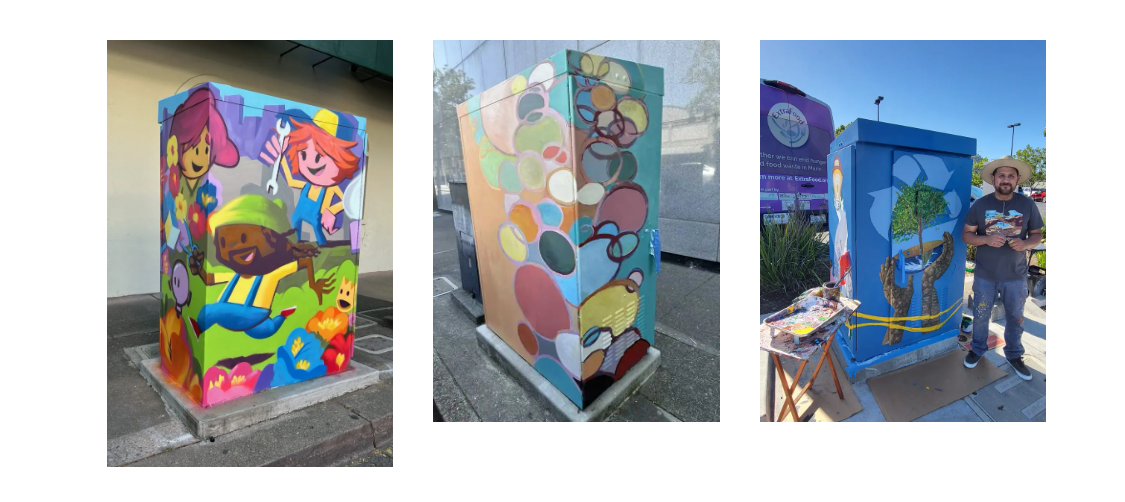 A three-panel photo shows painted utility boxes in downtown San Rafael: a mural of cartoon characters gardening among flowers, an abstract mural of overlapping colorful circles, and an artist painting a blue utility box with a design of hands cradling a tree, all part of the Heart of Marin Utility Box Art Program.