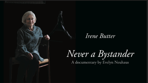 Promotional graphic for the documentary Never a Bystander, showing an older woman seated against a black background beside the film title.