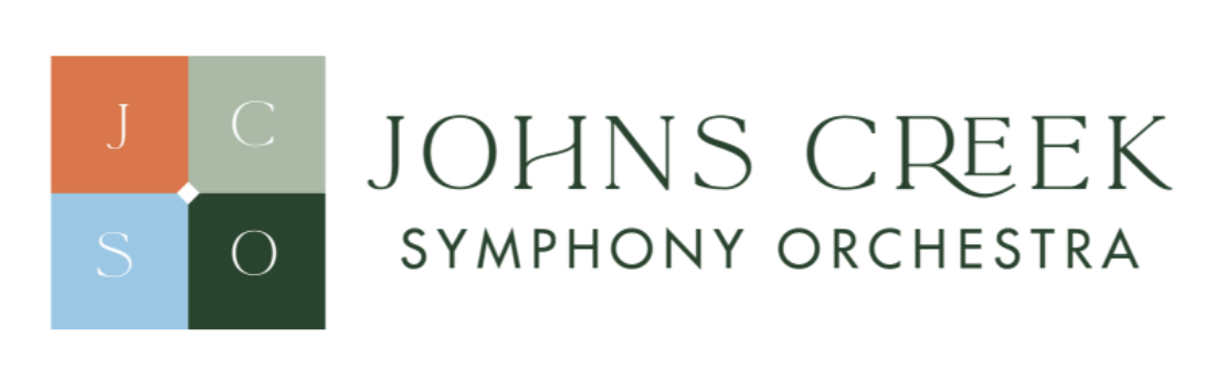 Johns Creek Symphony Orchestra logo, featuring a four-square "JCSO" icon in orange, sage green, light blue and dark green beside the text "Johns Creek Symphony Orchestra."