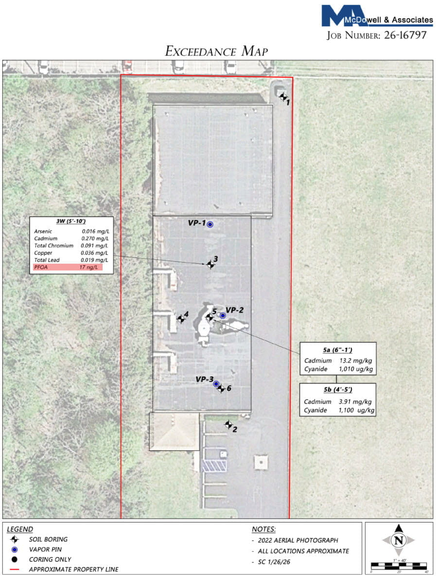 Site map of 42200 Joy Road in Plymouth showing soil boring and vapor pin locations, with a groundwater sample result of 17 ng/L PFOA highlighted.