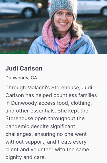 Screenshot of Judi Carlson's finalist profile on the Neighbors Bank Neighbor of the Year contest website, showing her photo and biography.
