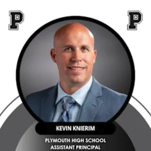 Graphic of Kevin Knierim, Plymouth High School's new assistant principal, smiling in a suit and tie inside a circular frame with Plymouth "P" logos.