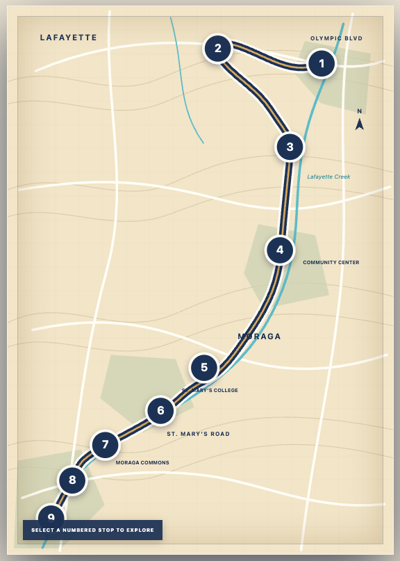 Illustrated map showing nine numbered history stops along a route through Lafayette and Moraga.