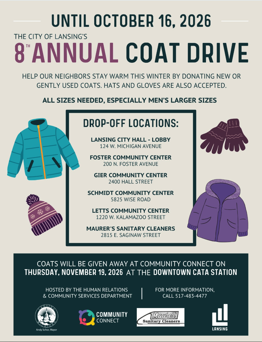 City of Lansing flyer for the eighth annual coat drive showing coats, a hat and gloves alongside six donation locations and an Oct. 16 deadline.