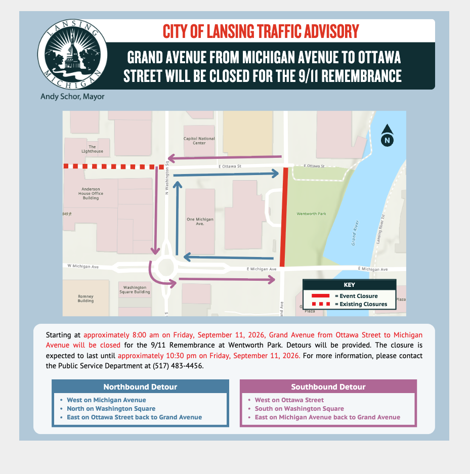 City of Lansing traffic advisory map showing Grand Avenue closed between Michigan Avenue and Ottawa Street for the 9/11 Remembrance, with northbound and southbound detour routes marked.