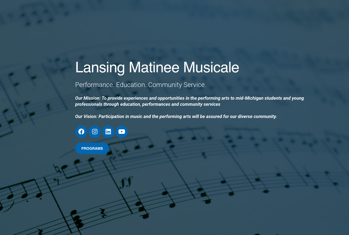 Screenshot of the Lansing Matinee Musicale website homepage, showing a sheet music background with the organization's name, tagline "Performance. Education. Community Service," and its mission and vision statements.