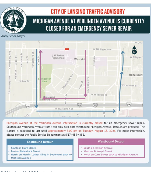 City of Lansing traffic advisory graphic showing Michigan Avenue closed at the Verlinden Avenue intersection for an emergency sewer repair, with a map of the closure area and eastbound and westbound detour routes.