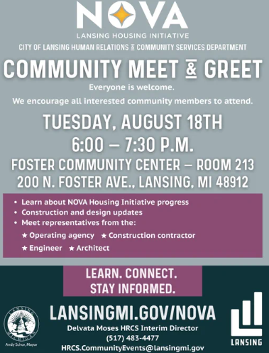 A flyer for the City of Lansing's NOVA Lansing Housing Initiative Community Meet & Greet, listing the Aug. 18 event details at Foster Community Center.