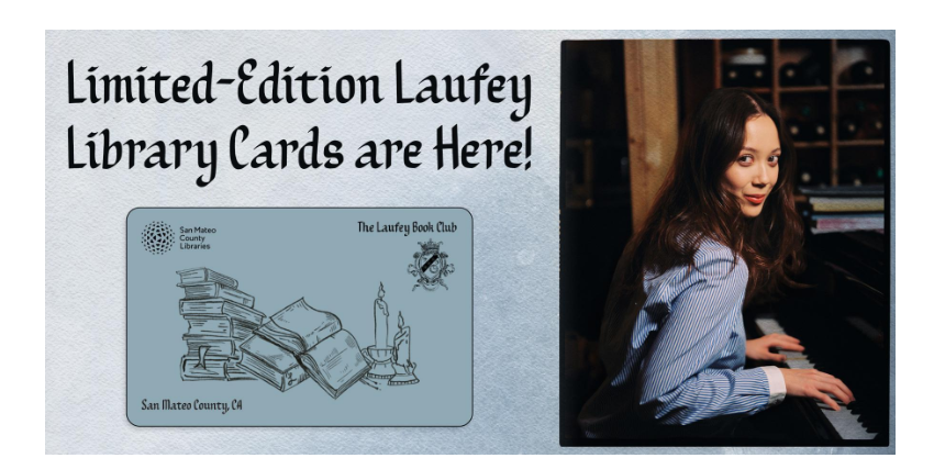Promotional graphic for San Mateo County Libraries’ limited-edition Laufey library card, showing the card design beside Laufey seated at a piano.