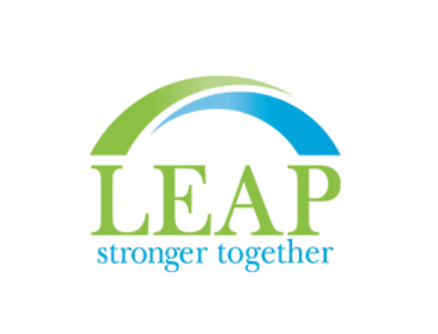 LEAP logo with green and blue arches above the words “stronger together.”