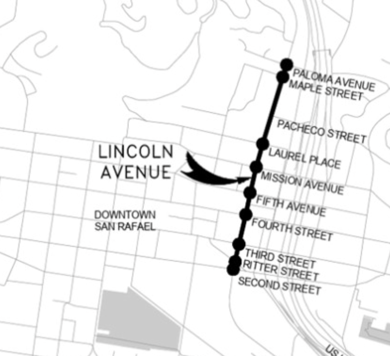 Map showing the Lincoln Avenue corridor in downtown San Rafael, running from Paloma Avenue/Maple Street to Second Street near U.S. 101.
