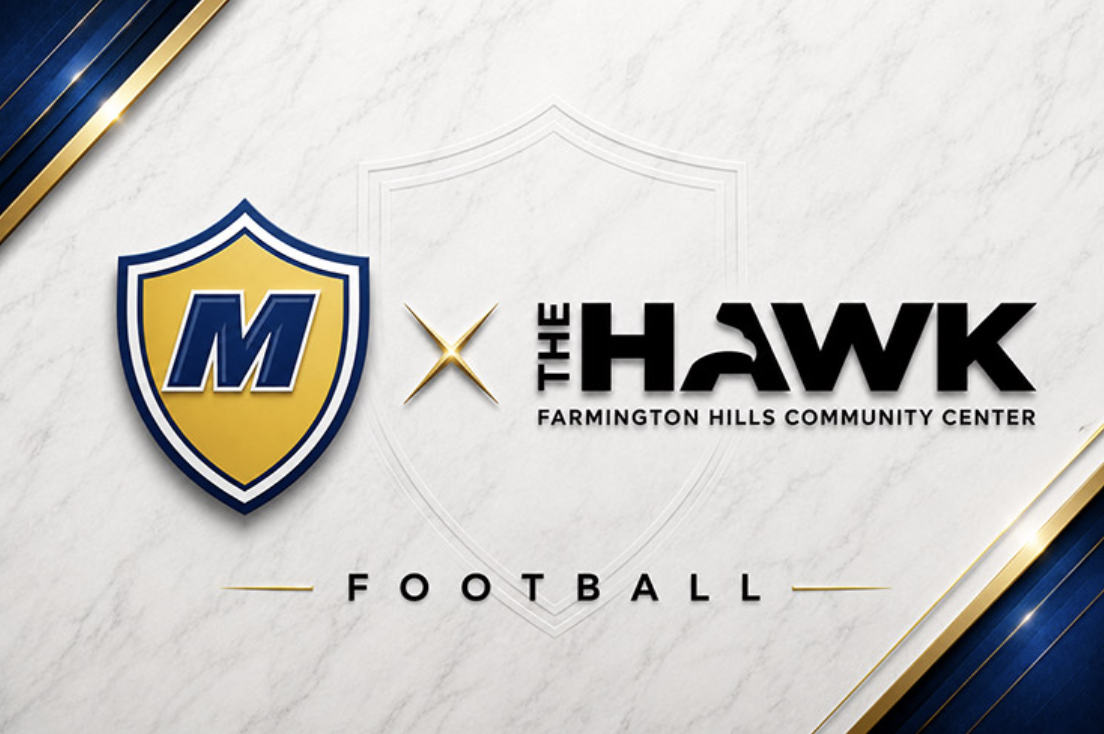 Graphic announcing the partnership between Madonna University Crusaders football and The Hawk Farmington Hills Community Center, featuring the Madonna Crusaders shield logo and The Hawk logo side by side on a marble background with navy and gold accents.