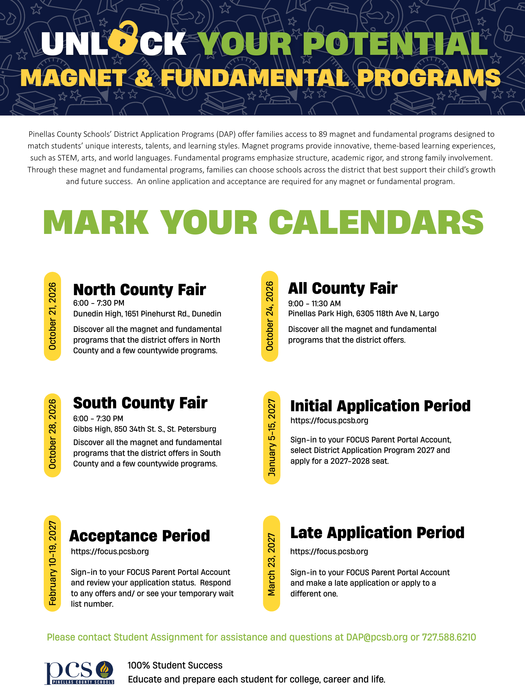 Official Pinellas County Schools flier listing magnet and fundamental program fairs on Oct. 21, 24 and 28, 2026, and application dates for the 2027-28 school year.