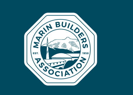 Marin Builders Association logo, a teal octagon badge with an illustration of a bridge, hills and building framed by the text "Marin Builders Association, Est. 1958."