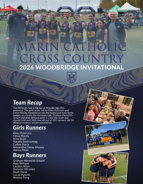 Marin Catholic cross country runners pose together at the 2026 Woodbridge Invitational in a team recap graphic.