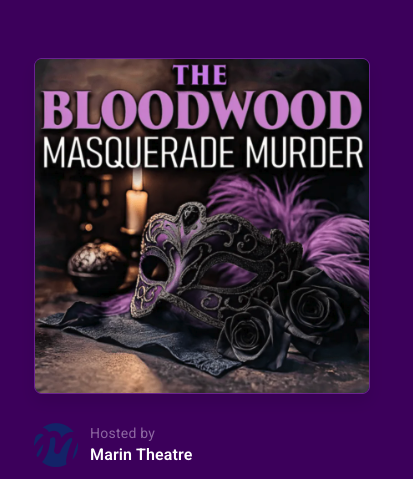 Promotional graphic for The Bloodwood Masquerade Murder featuring a purple-and-black masquerade mask, roses and a candle.