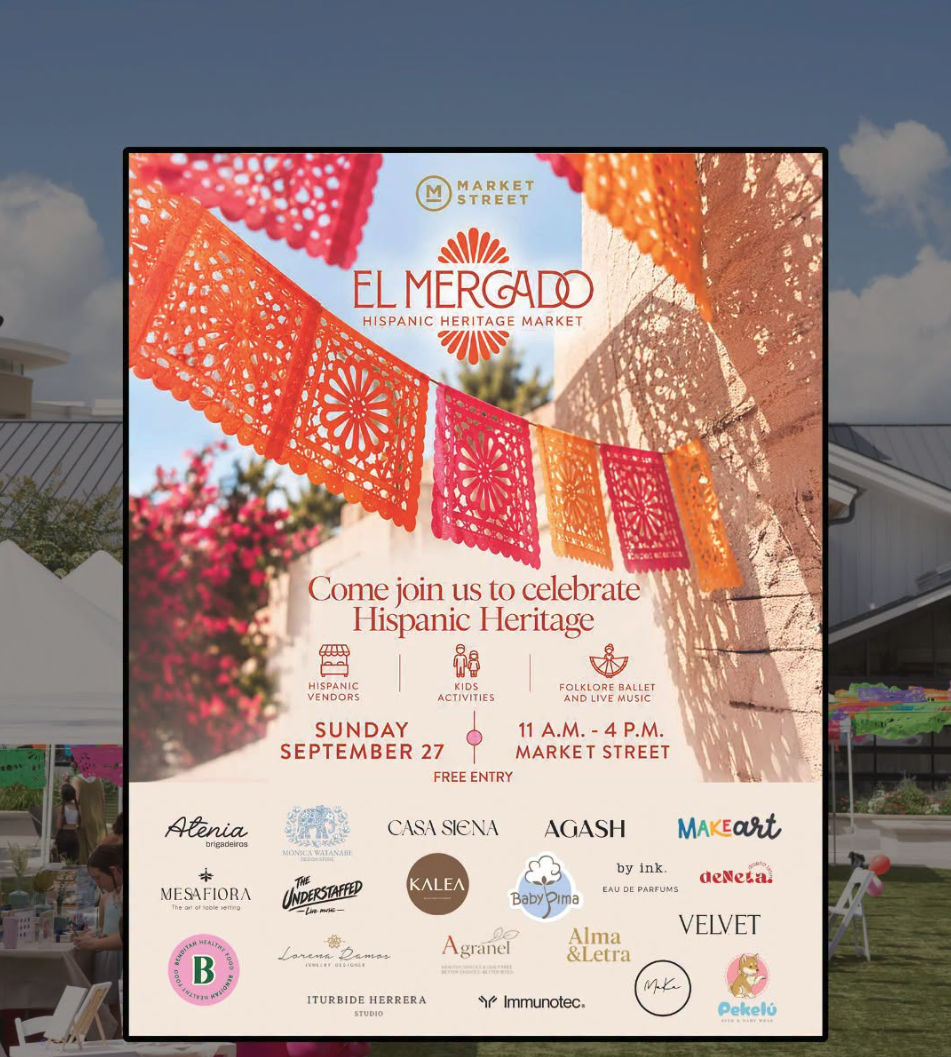 Promotional flyer for El Mercado, Market Street's Hispanic Heritage Market, showing orange and pink papel picado banners, event details for Sunday, Sept. 27, 11 a.m. to 4 p.m., icons for Hispanic vendors, kids activities and folklore ballet and live music, and a grid of participating vendor logos below.