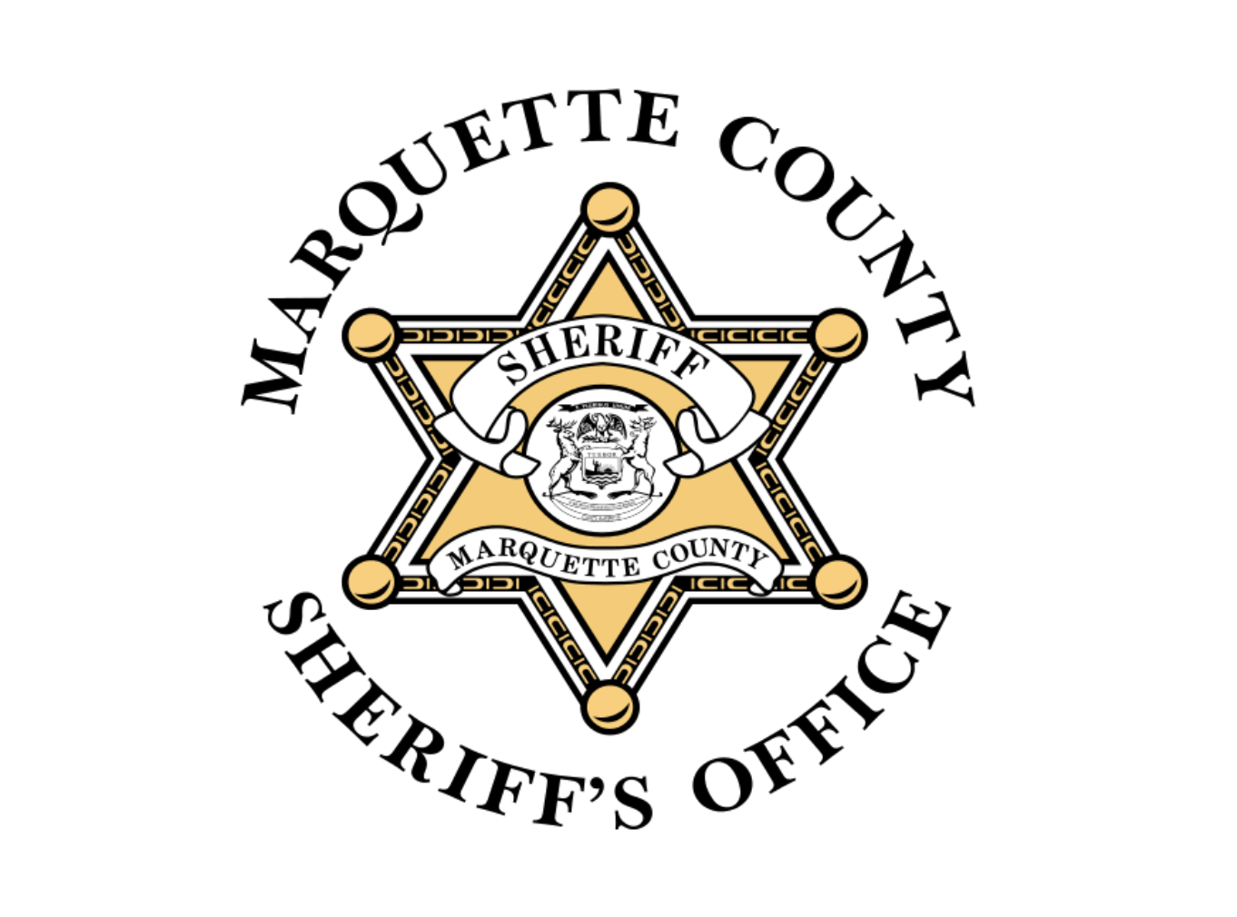 The Marquette County Sheriff's Office badge, a gold six-point star reading "Sheriff, Marquette County" around the Michigan state seal, encircled by the text "Marquette County Sheriff's Office."