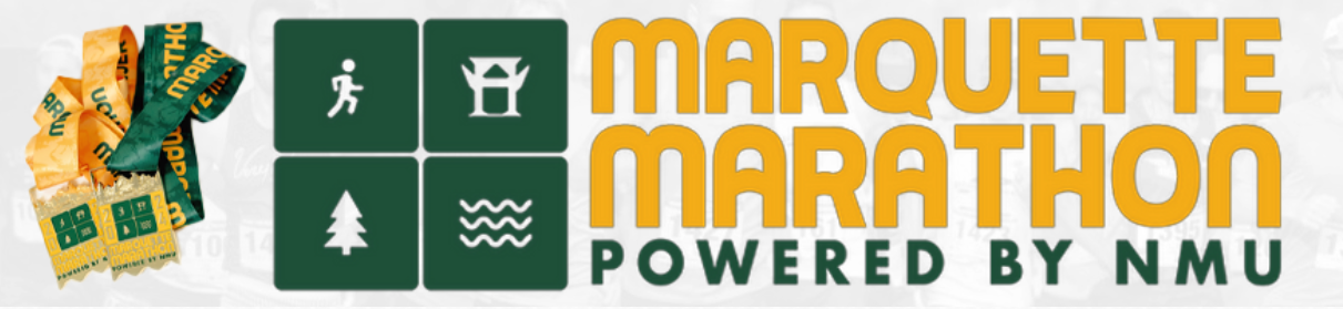 Marquette Marathon logo with finisher medals and ribbons, and icons for running, the Superior Dome, trail terrain and water, text reads 'Marquette Marathon, powered by NMU'.