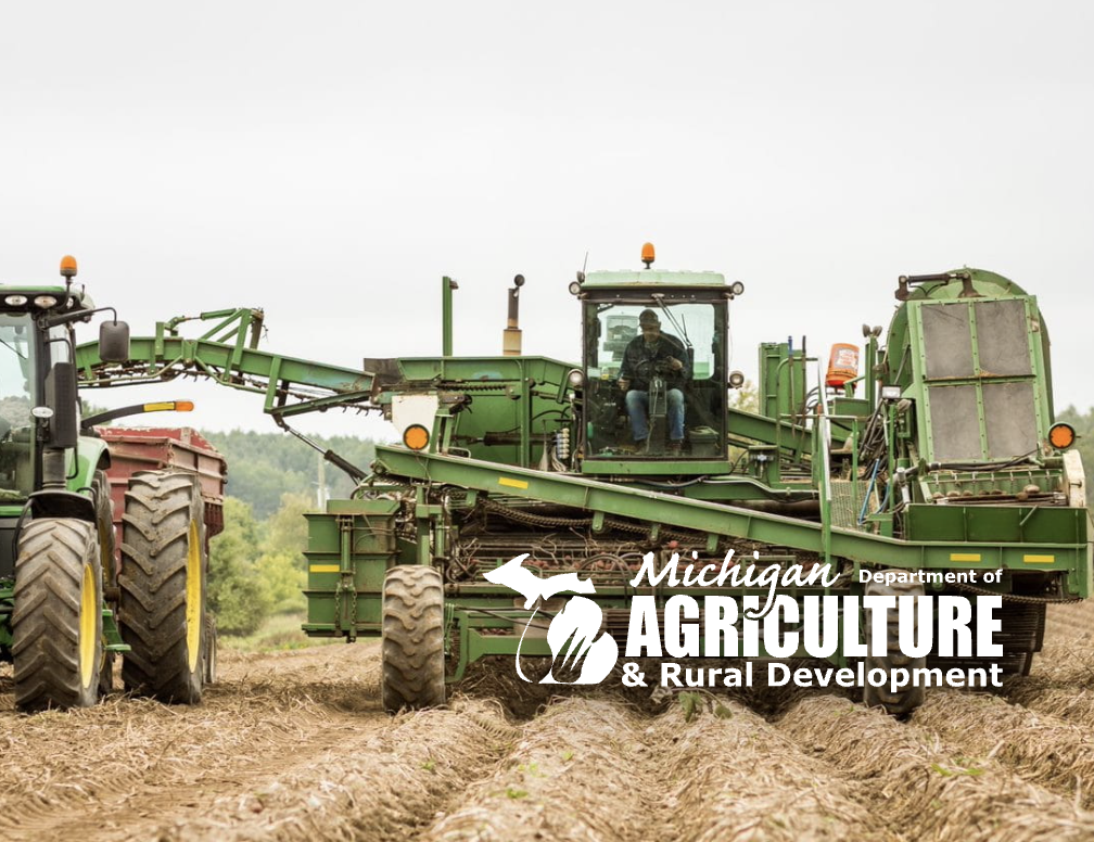 Farm equipment harvesting a field, with the Michigan Department of Agriculture and Rural Development logo overlaid.