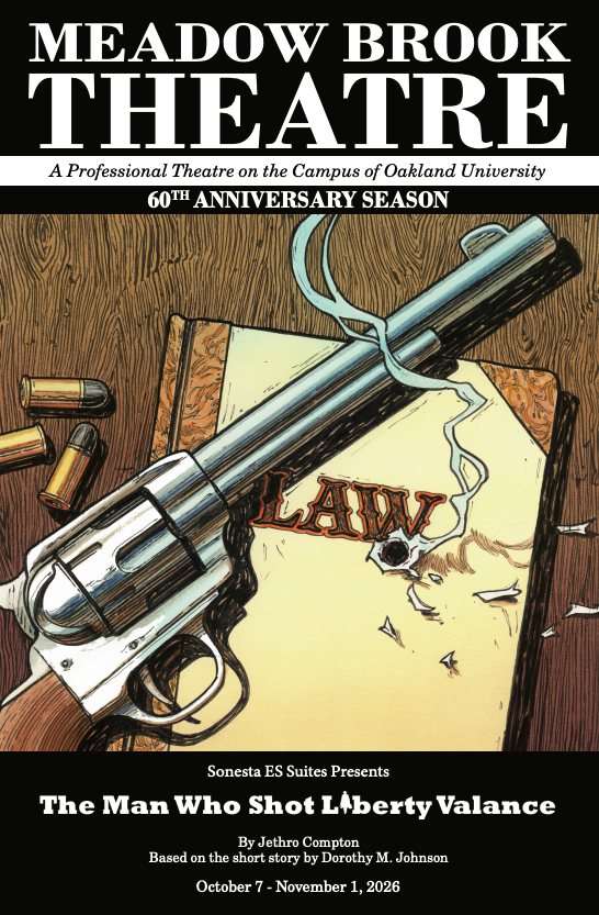 Illustrated Meadow Brook Theatre program cover for “The Man Who Shot Liberty Valance,” showing a revolver resting across a law document.