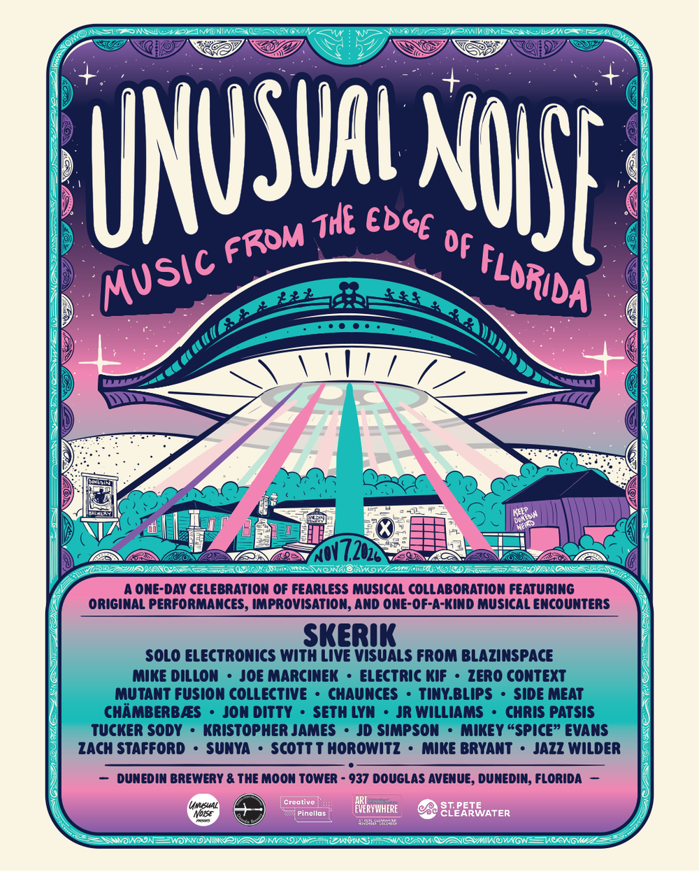 Promotional poster for Unusual Noise: Music from the Edge of Florida at Dunedin Brewery on Nov. 7, 2026.